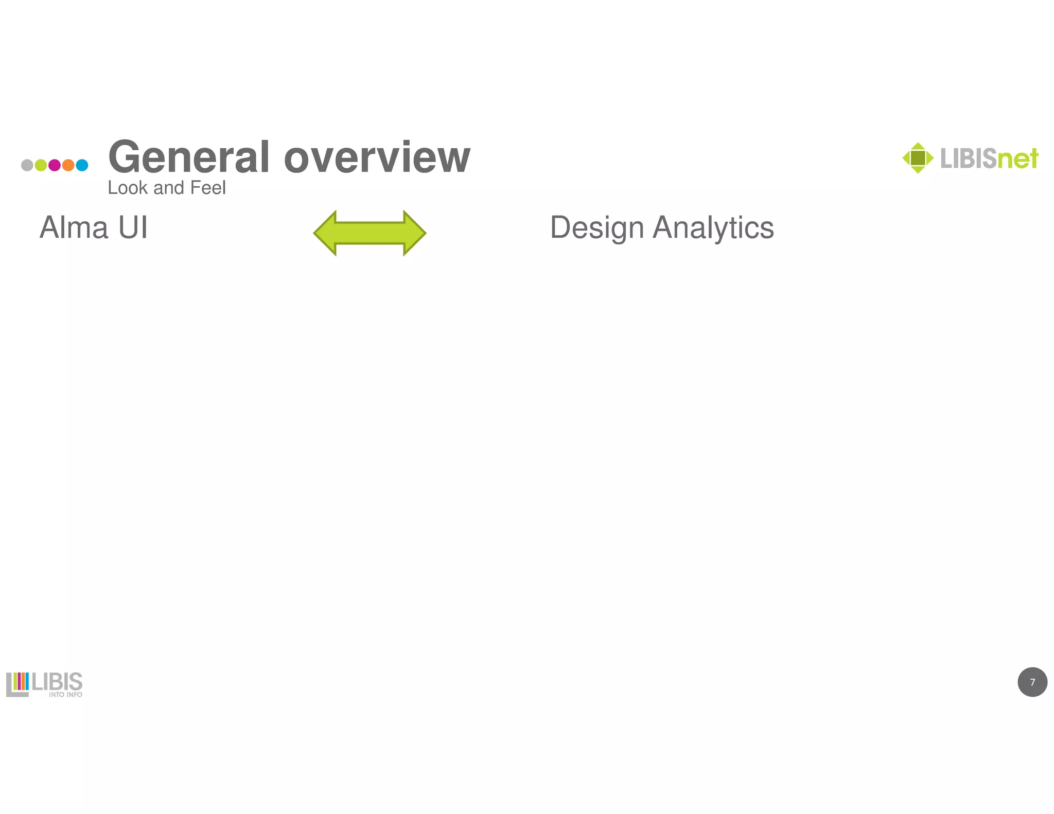 7
General overview
Alma UI
Look and Feel
Design Analytics
 