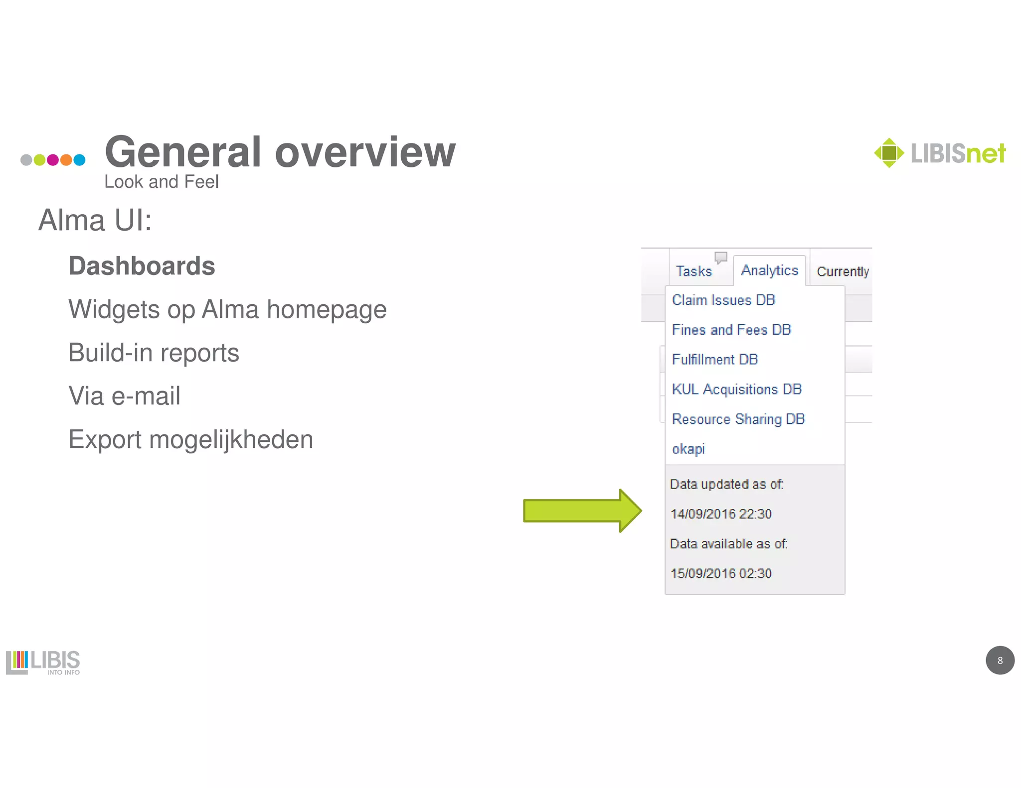 8
General overview
Alma UI:
Dashboards
Widgets op Alma homepage
Build-in reports
Via e-mail
Export mogelijkheden
Look and Feel
 