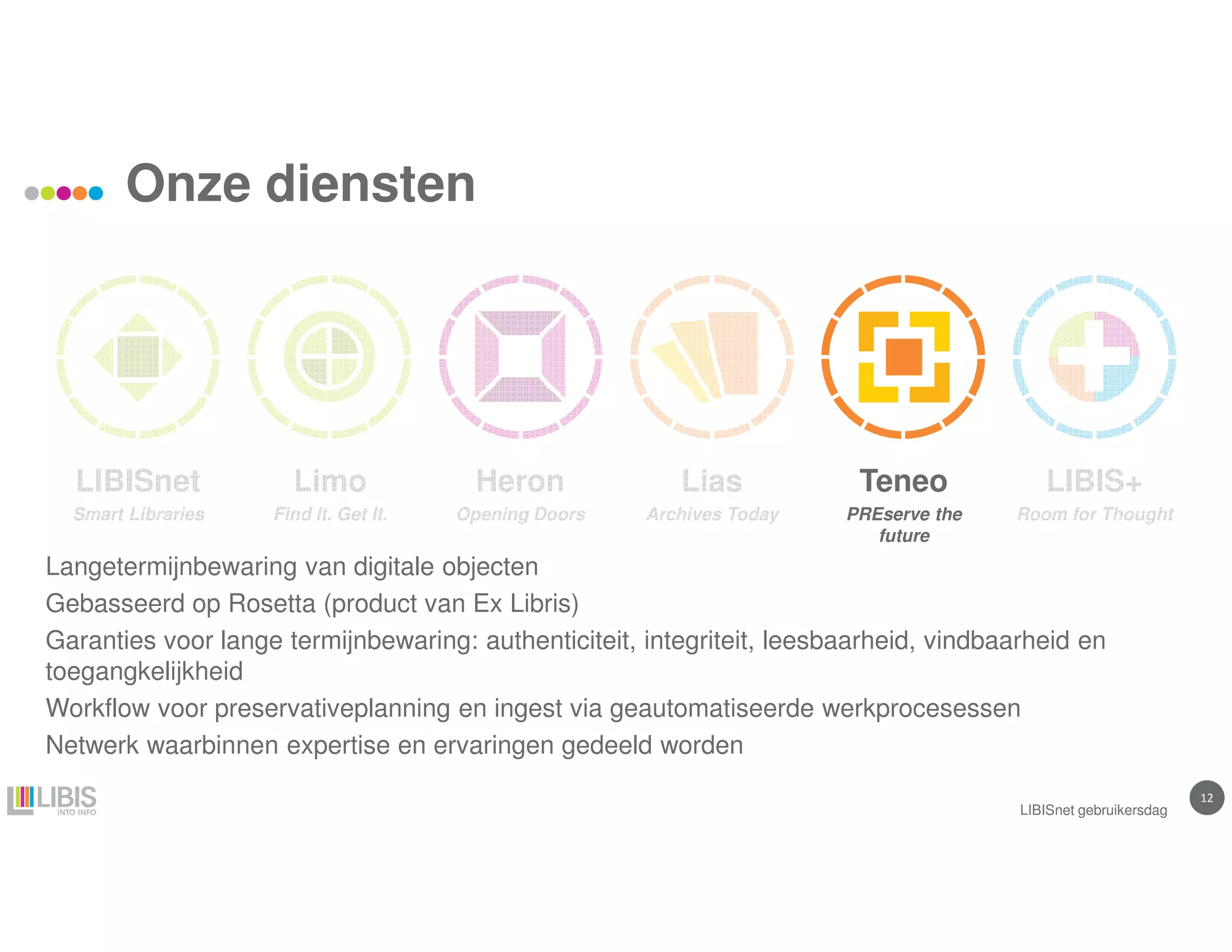 1212
Onze diensten
LIBISnet gebruikersdag
Heron
Opening Doors
LIBISnet
Smart Libraries
Lias
Archives Today
LIBIS+
Room for Thought
Limo
Find It. Get It.
Langetermijnbewaring van digitale objecten
Gebasseerd op Rosetta (product van Ex Libris)
Garanties voor lange termijnbewaring: authenticiteit, integriteit, leesbaarheid, vindbaarheid en
toegangkelijkheid
Workflow voor preservativeplanning en ingest via geautomatiseerde werkprocesessen
Netwerk waarbinnen expertise en ervaringen gedeeld worden
Teneo
PREserve the
future
 