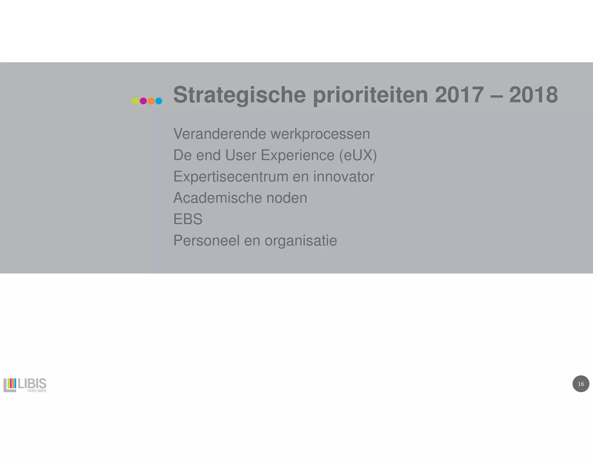 1616
Strategische prioriteiten 2017 – 2018
Veranderende werkprocessen
De end User Experience (eUX)
Expertisecentrum en innovator
Academische noden
EBS
Personeel en organisatie
 