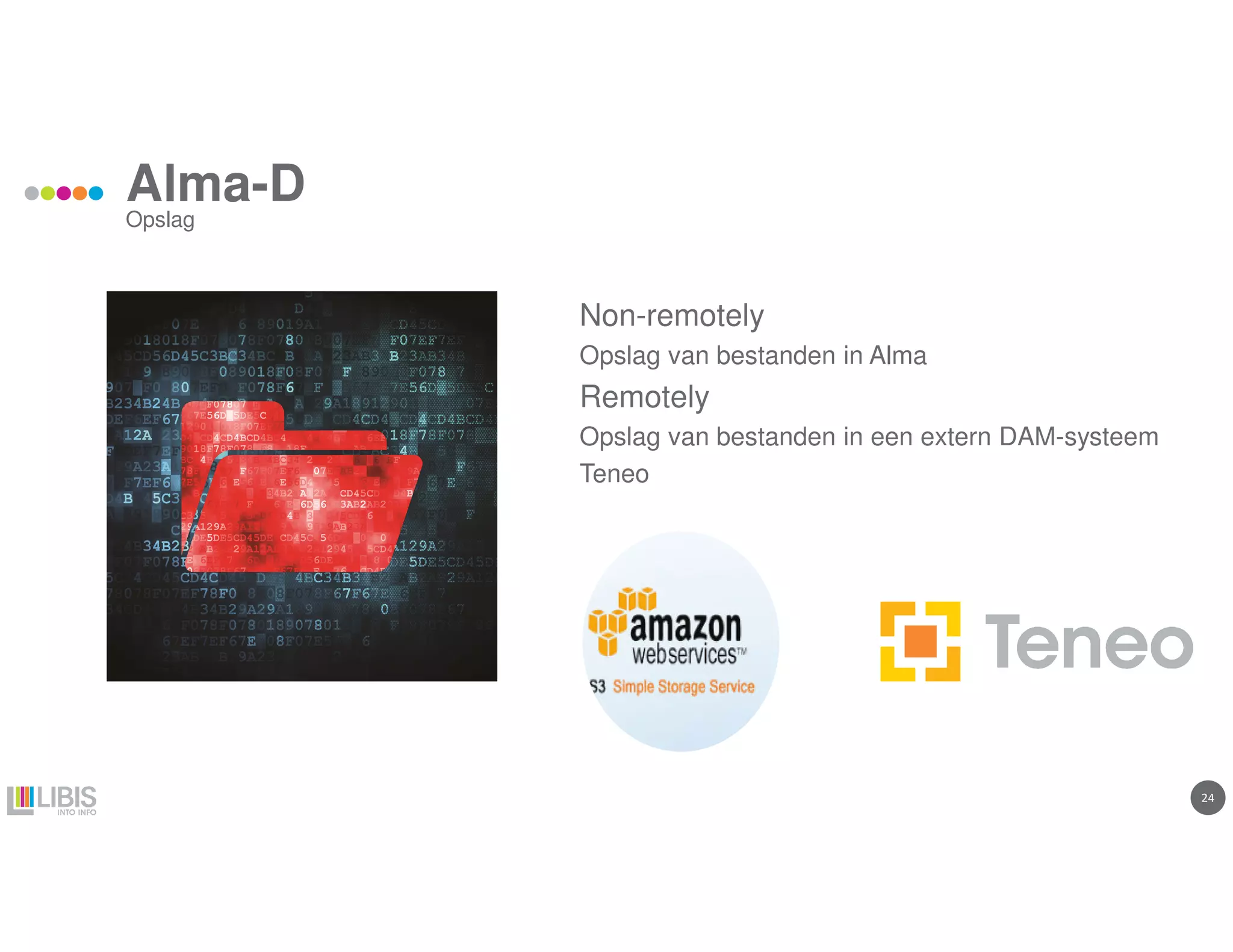 24
Alma-D
Non-remotely
Opslag van bestanden in Alma
Remotely
Opslag van bestanden in een extern DAM-systeem
Teneo
Opslag
 