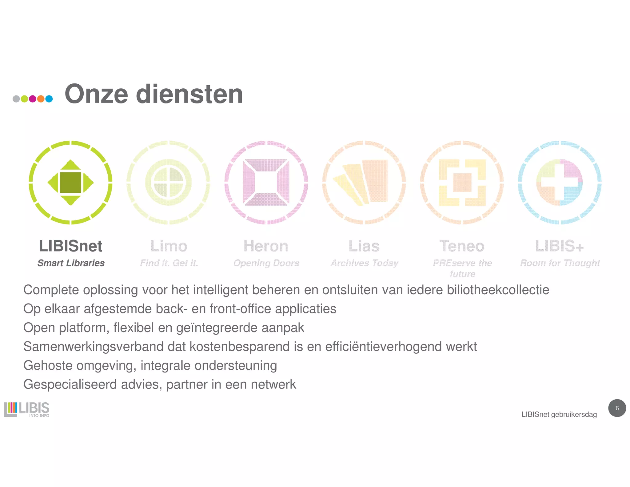 66
Onze diensten
LIBISnet gebruikersdag
Heron
Opening Doors
Lias
Archives Today
LIBIS+
Room for Thought
Teneo
PREserve the
future
Limo
Find It. Get It.
Complete oplossing voor het intelligent beheren en ontsluiten van iedere biliotheekcollectie
Op elkaar afgestemde back- en front-office applicaties
Open platform, flexibel en geïntegreerde aanpak
Samenwerkingsverband dat kostenbesparend is en efficiëntieverhogend werkt
Gehoste omgeving, integrale ondersteuning
Gespecialiseerd advies, partner in een netwerk
LIBISnet
Smart Libraries
 