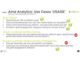 1818
Alma Analytics: Use Cases ‘USAGE’
Zuiver ‘Counter’:
• Downloads per titel en platform apart
• Totaal aantal downloads voor een titel, onafhankelijk van het platform
• Totaal aantal downloads per platform, met daaronder details per titel
• Evolutie in gebruiksgegevens: stijging of daling tov het jaar ervoor?
Counter in combinatie met Alma Inventory:
• Totaal downloads voor een pakket enerzijds per platform apart, alsook totaal
aantal downloads onafhankelijk van het platform
Counter in combinatie met Alma Inventory en Prijsgegevens:
• Prijs per download: per titel, per platform, per pakket
• Eventueel met aanduiding abonnementsformaat? (print only abonnementen
met gebruiksgegevens bestaan)
KULeuven Gebruiksstatistiek Use Cases (3)
 