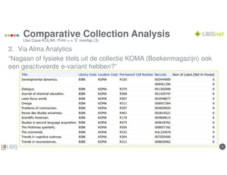 88
Comparative Collection Analysis
2. Via Alma Analytics
“Nagaan of fysieke titels uit de collectie KOMA (Boekenmagazijn) ook
een geactiveerde e-variant hebben?”
Use Case KULAK: Print <-> ‘E’ overlap (3)
 