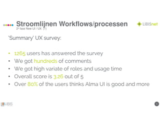 66
Stroomlijnen Workflows/processen
2e fase New UI / UX (1)
‘Summary’ UX survey:‘Summary’ UX survey:‘Summary’ UX survey:‘Summary’ UX survey:
• 1265126512651265 users has answered the survey
• We got hundredshundredshundredshundreds of comments
• We got high variate of roles and usage time
• Overall score is 3.263.263.263.26 out of 5
• Over 80%80%80%80% of the users thinks Alma UI is good and more
 