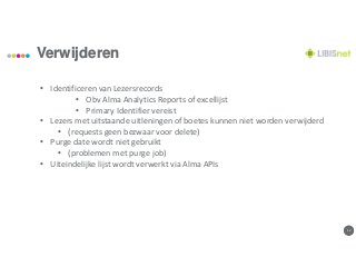 1212
Verwijderen
• Identificeren van Lezersrecords
• Obv Alma Analytics Reports of excellijst
• Primary Identifier vereist
• Lezers met uitstaande uitleningen of boetes kunnen niet worden verwijderd
• (requests geen bezwaar voor delete)
• Purge date wordt niet gebruikt
• (problemen met purge job)
• Uiteindelijke lijst wordt verwerkt via Alma APIs
 