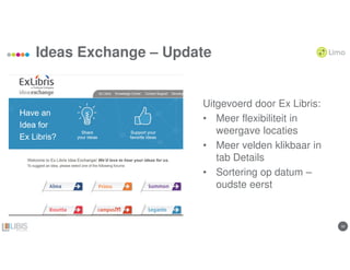 10
Ideas Exchange – Update
Uitgevoerd door Ex Libris:
• Meer flexibiliteit in
weergave locaties
• Meer velden klikbaar in
tab Details
• Sortering op datum –
oudste eerst
 