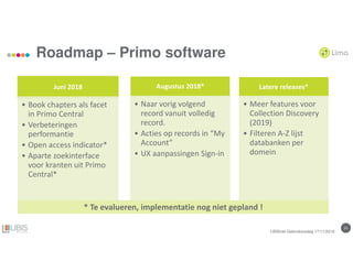 1515
Roadmap – Primo software
Juni 2018
• Book chapters als facet
in Primo Central
• Verbeteringen
performantie
• Open access indicator*
• Aparte zoekinterface
voor kranten uit Primo
Central*
Augustus 2018*
• Naar vorig volgend
record vanuit volledig
record.
• Acties op records in “My
Account”
• UX aanpassingen Sign-in
Latere releases*
• Meer features voor
Collection Discovery
(2019)
• Filteren A-Z lijst
databanken per
domein
LIBISnet Gebruikersdag 17/11/2016
* Te evalueren, implementatie nog niet gepland !
 