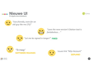 66
Nieuwe UI
Eindgebruikersfeedback
“Te traag”
“Use-friendly, even for an
old guy like me (75)”
“Love the new version! Citation tool is
fantabulous... “
“Let me be signed in longer!” FIXED
Issues link “Mijn Account”
GEPLAND
SOFTWARE RELEASES
 