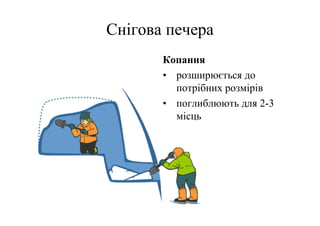 Снігова печера
       Копання
       • розширюється до
         потрібних розмірів
       • поглиблюють для 2-3
         місць
 