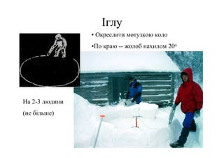 Іглу
                • Окреслити мотузкою коло
                •По краю -- жолоб нахилом 20о




На 2-3 людини
(не більше)
 