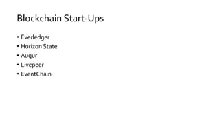 Blockchain Start-Ups
• Everledger
• Horizon State
• Augur
• Livepeer
• EventChain
 
