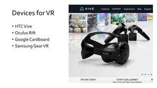 Devices forVR
• HTCVive
• Oculus Rift
• Google Cardboard
• Samsung GearVR
 