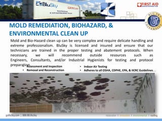 MOLD REMEDIATION, BIOHAZARD, &
ENVIRONMENTAL CLEAN UP
Mold and Bio-Hazard clean up can be very complex and require delicate handling and
extreme professionalism. BluSky is licensed and insured and ensure that our
technicians are trained in the proper testing and abatement protocols. When
necessary,     we       will      recommend     outside        resources such   as
Engineers, Consultants, and/or Industrial Hygienists for testing and protocol
preparation.
       • Assessment and Inspection        • Indoor Air Testing
       • Removal and Reconstruction    • Adheres to all OSHA, CDPHE, EPA, & IICRC Guidelines…
 