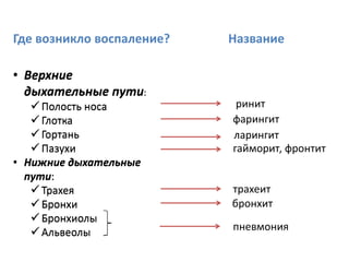 Где возникло воспаление?   Название

• Верхние
  дыхательные пути:
    Полость носа           ринит
    Глотка                фарингит
    Гортань               ларингит
    Пазухи                гайморит, фронтит
• Нижние дыхательные
  пути:
    Трахея                трахеит
    Бронхи                бронхит
    Бронхиолы
                           пневмония
    Альвеолы
 