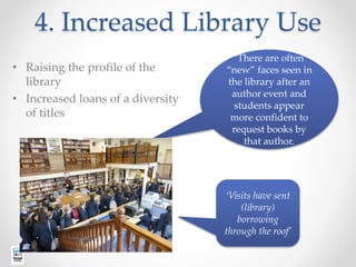 4. Increased Library Use
• Raising the profile of the
library
• Increased loans of a diversity
of titles
‘There are often
...