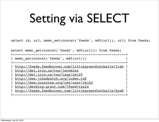 Setting via SELECT
          select id, url, memc_set(concat('feeds', md5(url)), url) from feeds;

          select memc_get(concat('feeds', md5(url))) from feeds;
          +-------------------------------------------------------+
          | memc_get(concat('feeds', md5(url)))                   |
          +-------------------------------------------------------+
          | http://feeds.feedburner.com/littlegreenfootballs/Ilds |
          | http://del.icio.us/rss/jacomien                       |
          | http://del.icio.us/rss/tags/rmj20                     |
          | http://www.jihadwatch.org/index.rdf                   |
          | http://www.connotea.org/rss/user/rmj20                |
          | http://devblog.grazr.com/?feed=rss2x                  |
          | http://feeds.feedburner.com/littlegreenfootballs/kyeH |
          +-------------------------------------------------------+




Wednesday, July 28, 2010
 