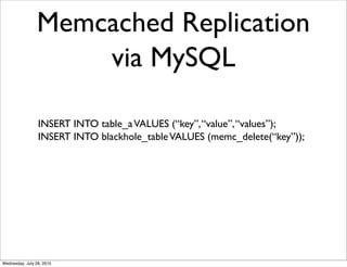 Memcached Replication
                     via MySQL

                 INSERT INTO table_a VALUES (“key”, “value”, “values”);
                 INSERT INTO blackhole_table VALUES (memc_delete(“key”));




Wednesday, July 28, 2010
 