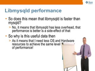 Libmysqld performance So does this mean that libmysqld is faster than mysqld? No, it means that libmysqld has less overhead, that performance is better is a side-effect of that So why is this useful data then As it means that I need less OS and Hardware resources to achieve the same level of performance! 
