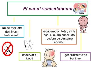 No se requiere
de ningún
tratamiento
observar al
bebé
recuperación total, en la
cual el cuero cabelludo
recobra su contorno
normal.
generalmente es
benigno
El caput succedaneum