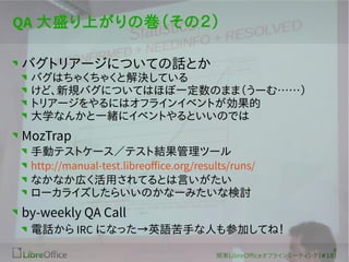 8 
QA ʢϤΎΣ 
Хȥꥢ`ˤĤƤԒȤ 
ХϤ㤯㤯ȽQƤ 
ɡҎХˤĤƤϤۤһΤޤޣ`࡭ 
ȥꥢ`ˤϥե饤󥤥٥Ȥ 
ѧʤ󤫤һw˥٥ȤȤΤǤ 
MozTrap 
քӥƥȥ`ƥȽYĩ` 
http://manual-test.libreoffice.org/results/runs/ 
ʤʤڤäƤȤԤ 
`饤餤Τʩ`ߤʗӑ 
by-weekly QA Call 
ԒIRC ˤʤäӢZ֤ˤμӤƤͣ 
v|LibreOfceե饤ߩ`ƥ(#18) 
 
