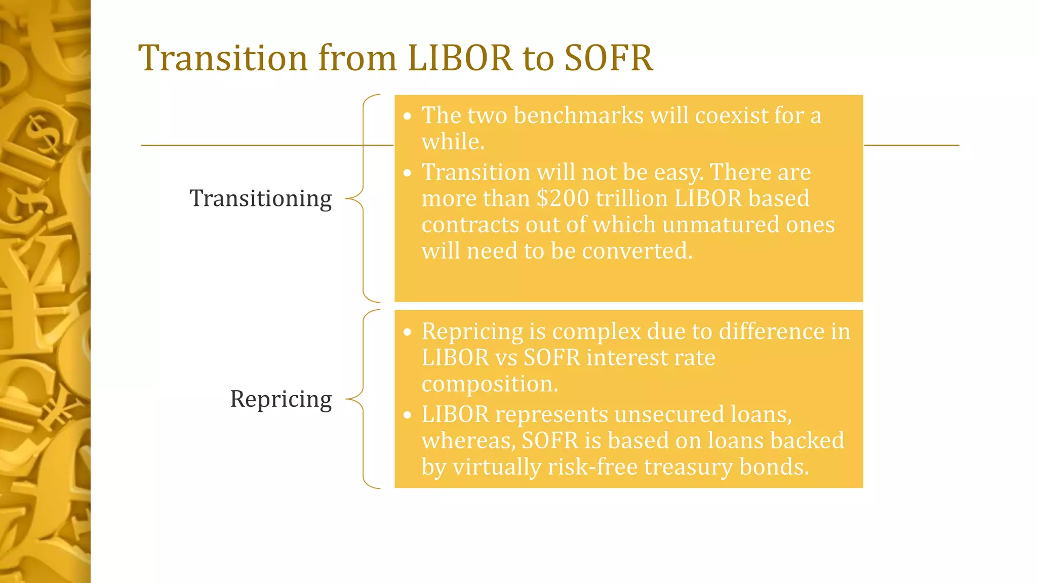 Transition from LIBOR to SOFR
Transitioning
• The two benchmarks will coexist for a
while.
• Transition will not be easy. There are
more than $200 trillion LIBOR based
contracts out of which unmatured ones
will need to be converted.
Repricing
• Repricing is complex due to difference in
LIBOR vs SOFR interest rate
composition.
• LIBOR represents unsecured loans,
whereas, SOFR is based on loans backed
by virtually risk-free treasury bonds.
 