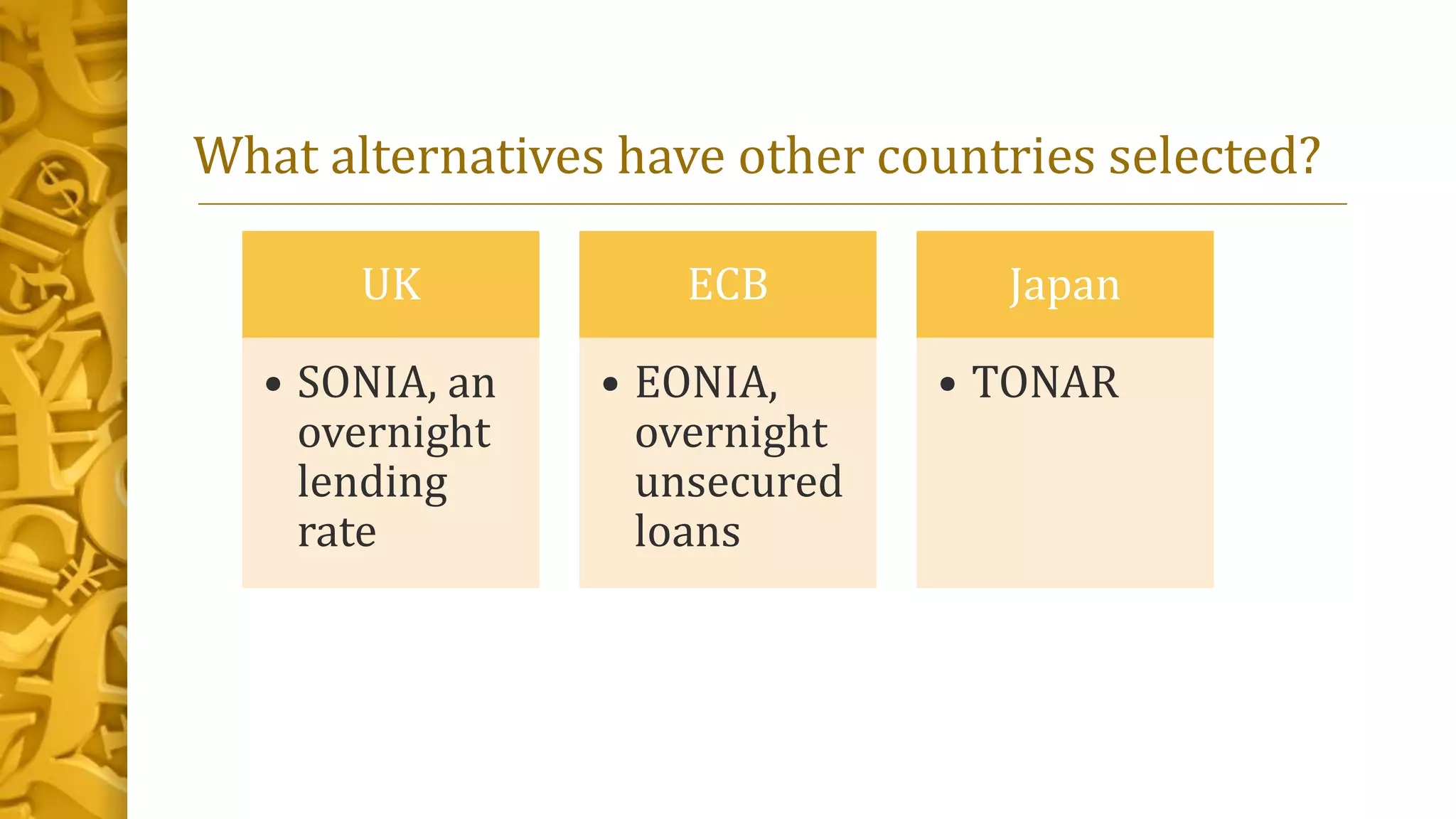 What alternatives have other countries selected?
UK
• SONIA, an
overnight
lending
rate
ECB
• EONIA,
overnight
unsecured
loans
Japan
• TONAR
 