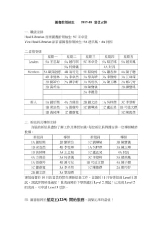 圖書館領袖生 2017-18 當值安排
一. 職級安排
Head Librarian 首席圖書館領袖生: 5C 宋卓瑩
Vice-Head Librarian 副首席圖書館領袖生: 5A 趙美鳳、4A 封因
二.當值安排
星期一 星期二 星期三...