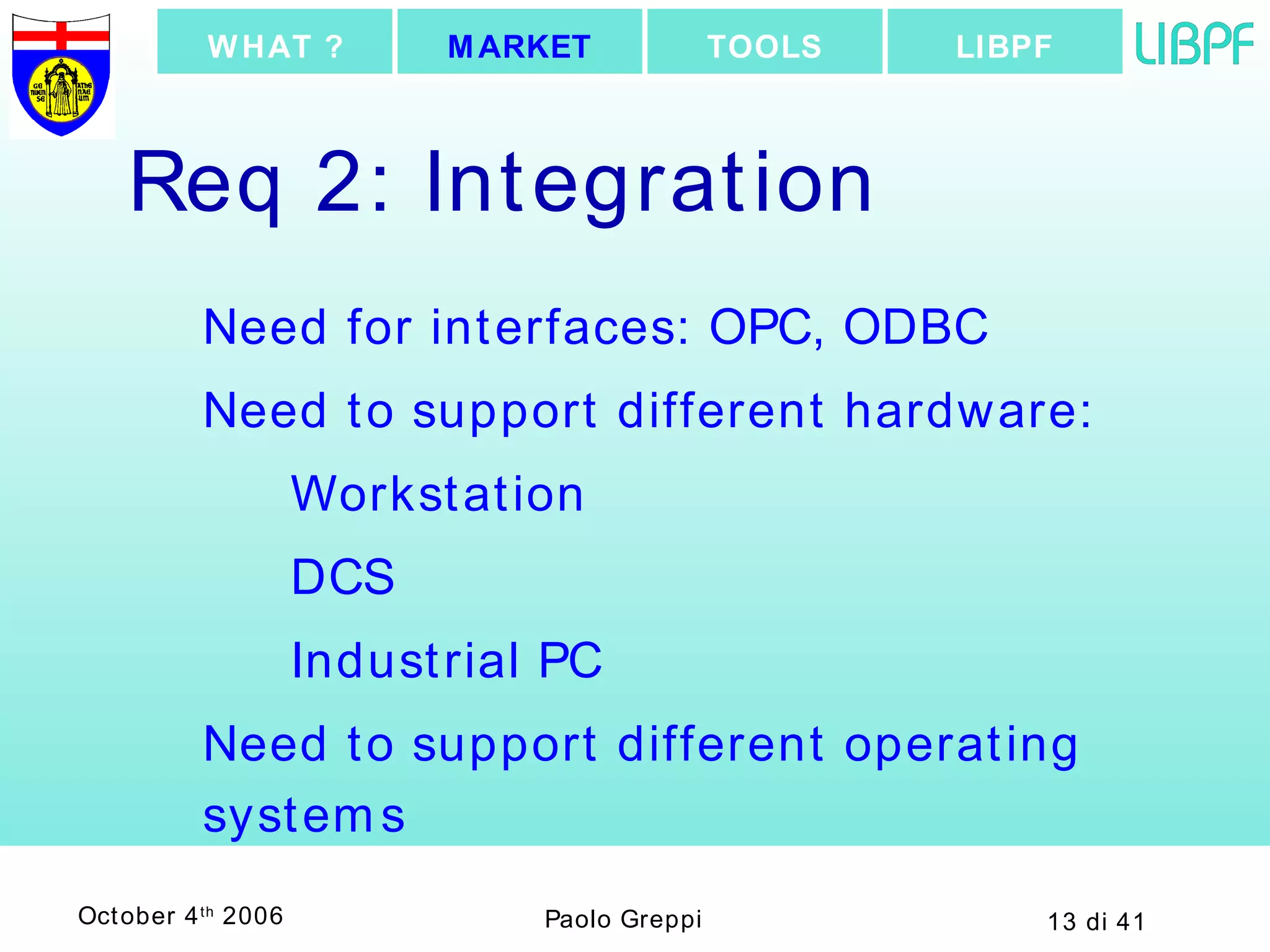 Req 2: Integration Need for interfaces: OPC, ODBC Need to support different hardware: Workstation DCS Industrial PC Need to support different operating systems LIBPF TOOLS MARKET WHAT ? 