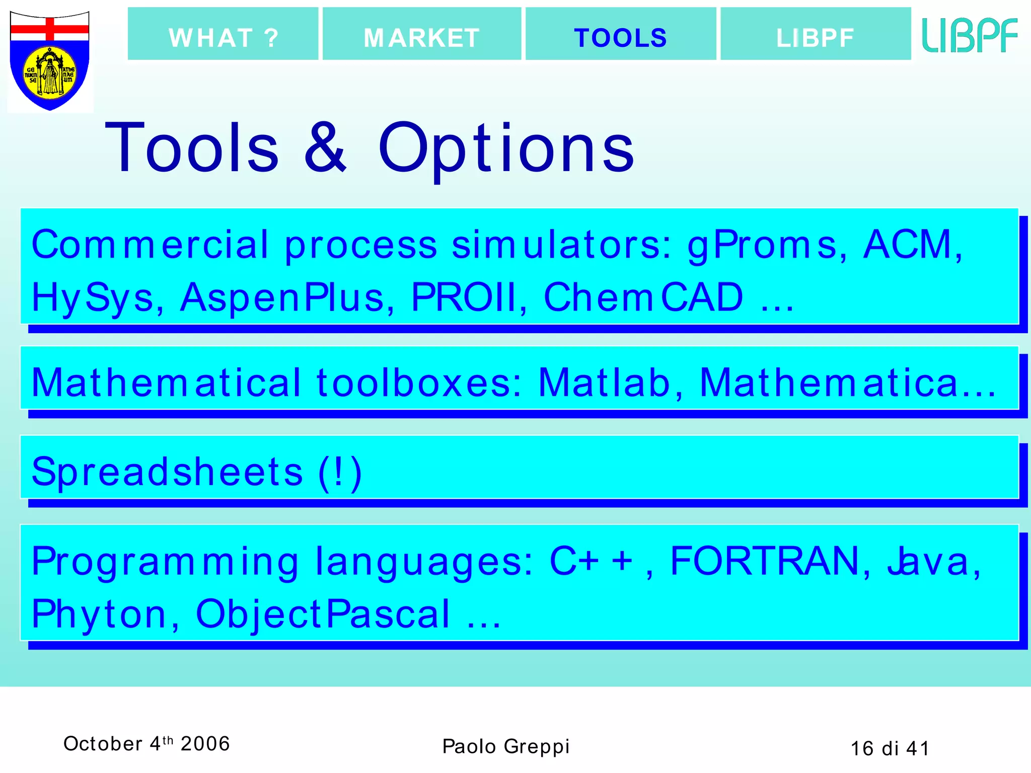 Tools & Options Commercial process simulators: gProms, ACM, HySys, AspenPlus, PROII, ChemCAD ... Mathematical toolboxes: Matlab, Mathematica... Programming languages: C++, FORTRAN, Java, Phyton, ObjectPascal ... Spreadsheets (!) LIBPF TOOLS MARKET WHAT ? 