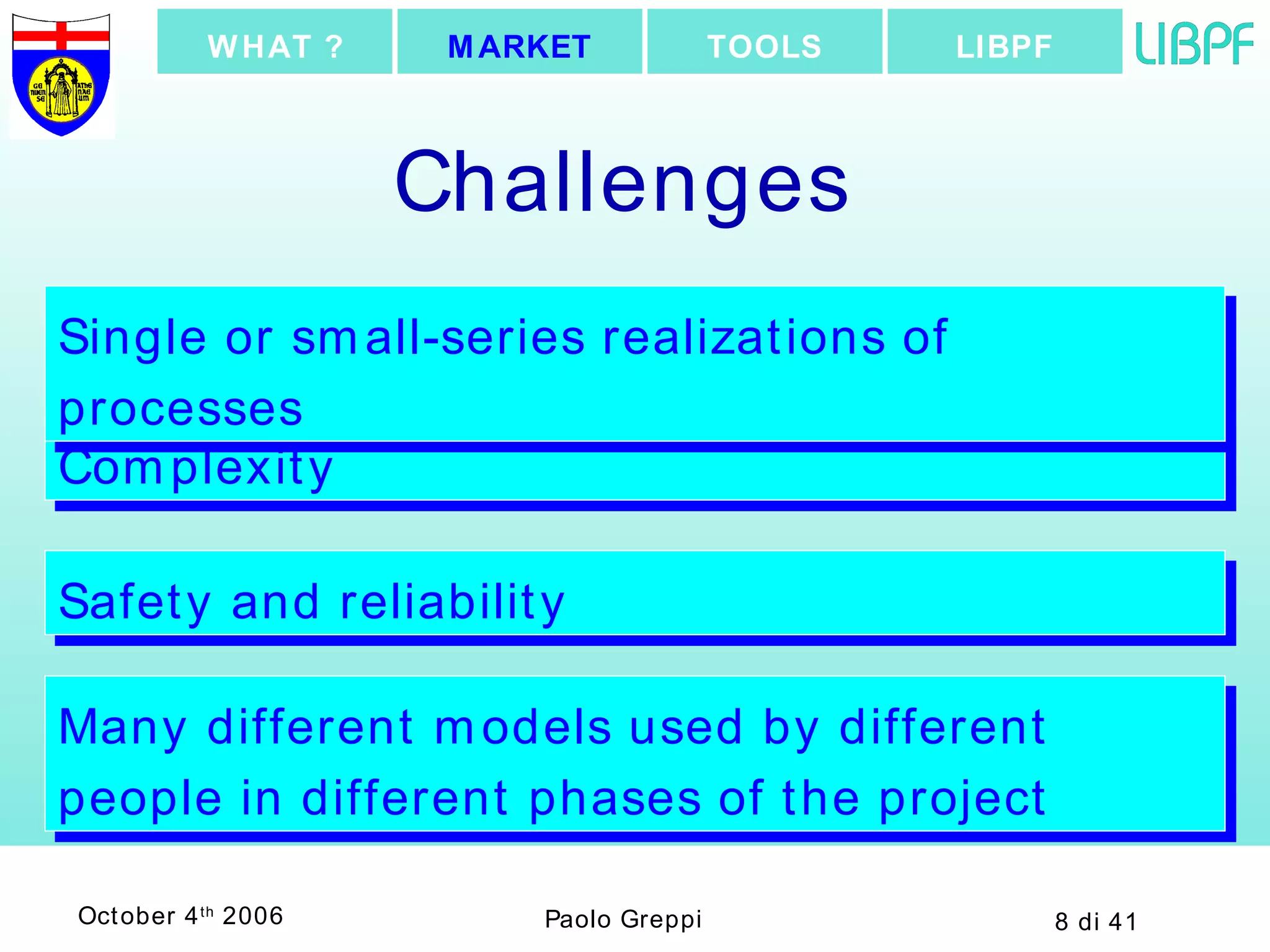 Challenges  Safety and reliability Complexity Single or small-series realizations of processes Many different models used by different people in different phases of the project LIBPF TOOLS MARKET WHAT ? 