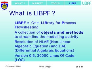 What is LIBPF ? LIBPF  = C++  LIB rary for  P rocess  F lowsheeting A collection of  objects and methods  to streamline the modelling activity Resolution of NLAE (Non-Linear Algebraic Equation) and DAE (Differential Algebraic Equations) Version 0.6, 30000 Lines Of Code (LOC) LIBPF TOOLS MARKET WHAT ? 