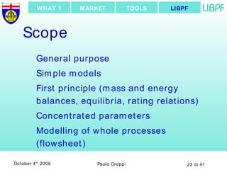 Scope General purpose Simple models First principle (mass and energy balances, equilibria, rating relations) Concentrated parameters Modelling of whole processes (flowsheet) LIBPF TOOLS MARKET WHAT ? 