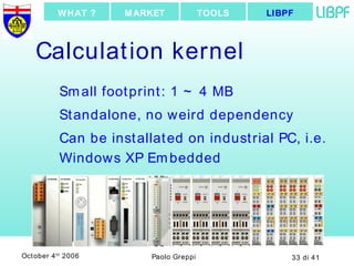 Calculation kernel Small footprint: 1  ~ 4 MB Standalone, no weird dependency  Can be installated on industrial PC, i.e. Windows XP Embedded LIBPF TOOLS MARKET WHAT ? 