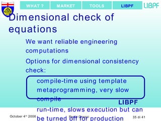 Dimensional check of equations We want reliable engineering computations Options for dimensional consistency check: compile-time using template metaprogramming, very slow compile run-time, slows execution but can be turned off for production executable LIBPF TOOLS MARKET WHAT ? LIBPF 
