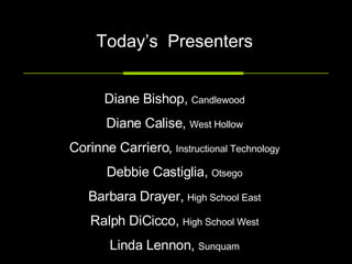 Today’s  Presenters Diane Bishop,  Candlewood Diane Calise,  West Hollow Corinne Carriero,  Instructional Technology Debbie Castiglia,  Otsego Barbara Drayer,  High School East Ralph DiCicco,  High School West Linda Lennon,  Sunquam 