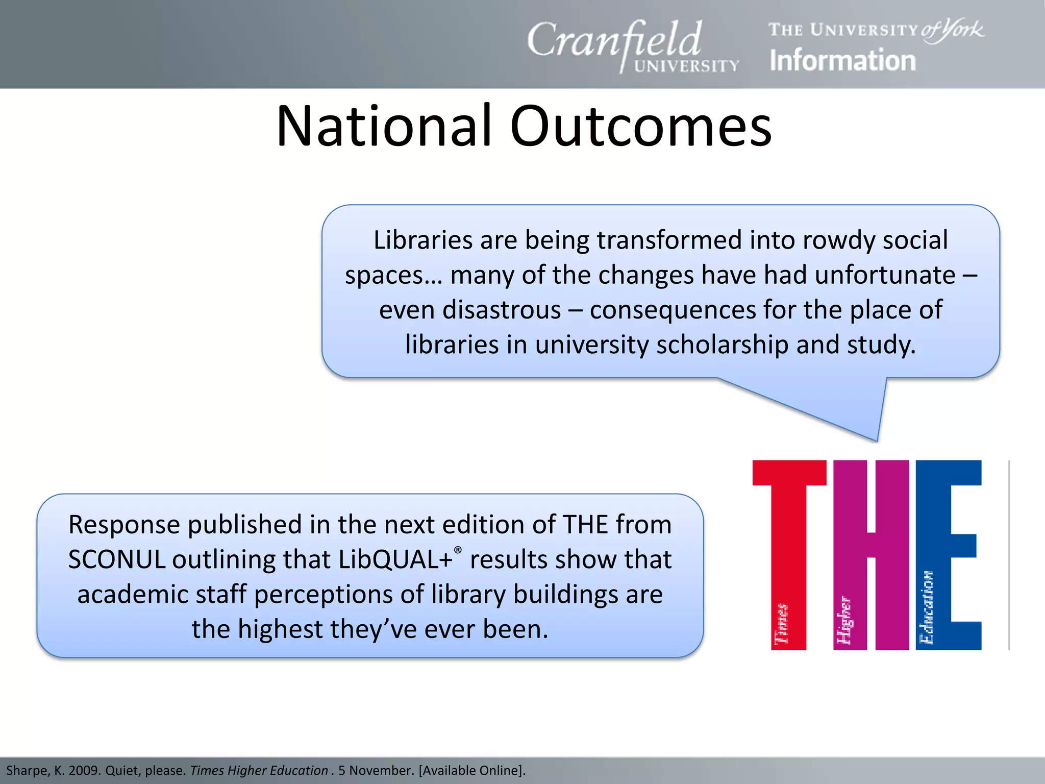 National Outcomes
                                                           Libraries are being transformed into rowdy social
                                                         spaces… many of the changes have had unfortunate –
                                                            even disastrous – consequences for the place of
                                                              libraries in university scholarship and study.




          Response published in the next edition of THE from
          SCONUL outlining that LibQUAL+® results show that
           academic staff perceptions of library buildings are
                   the highest they’ve ever been.



Sharpe, K. 2009. Quiet, please. Times Higher Education . 5 November. [Available Online].
 