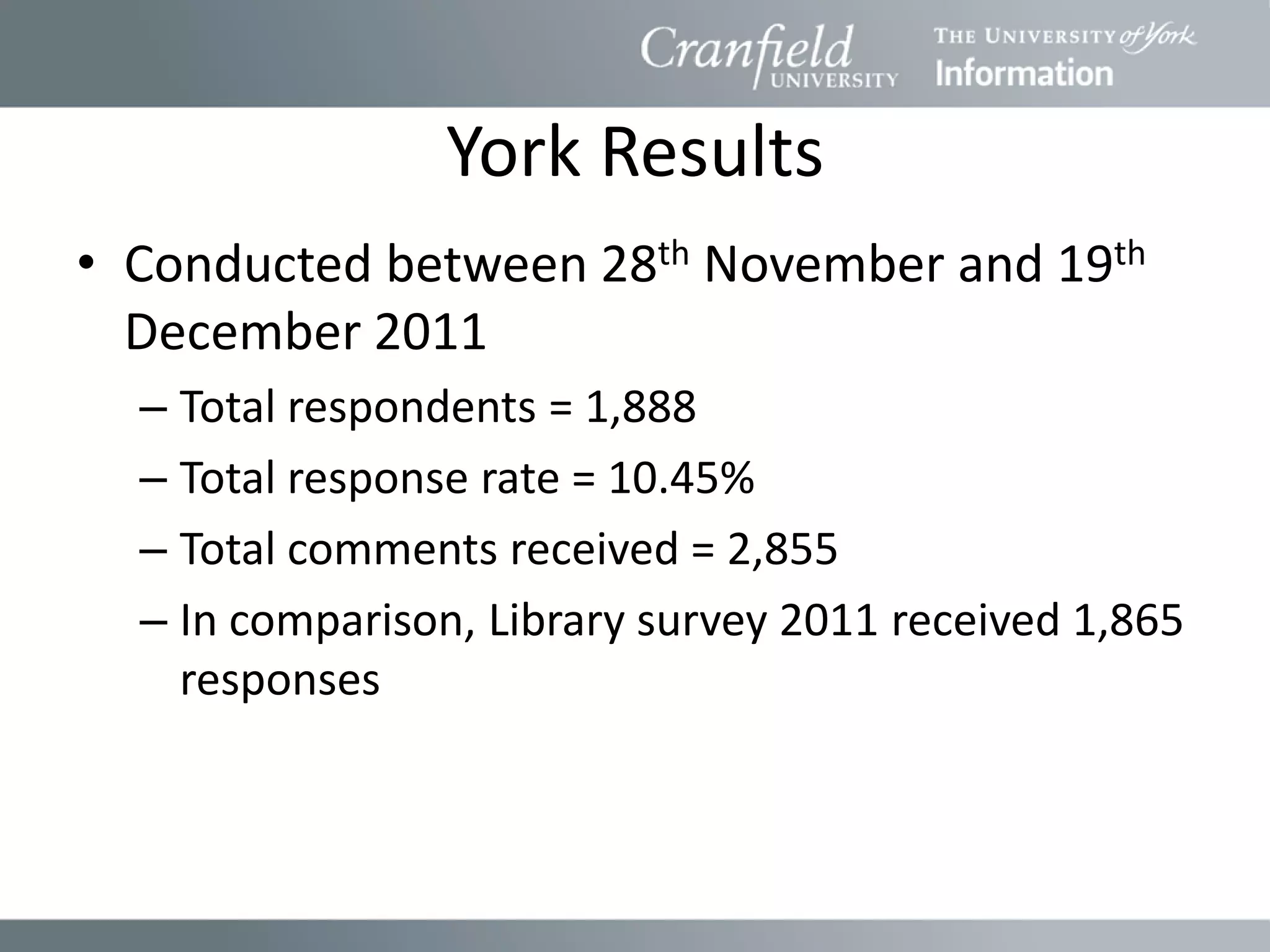 York Results
• Conducted between 28th November and 19th
  December 2011
  – Total respondents = 1,888
  – Total response rate = 10.45%
  – Total comments received = 2,855
  – In comparison, Library survey 2011 received 1,865
    responses
 