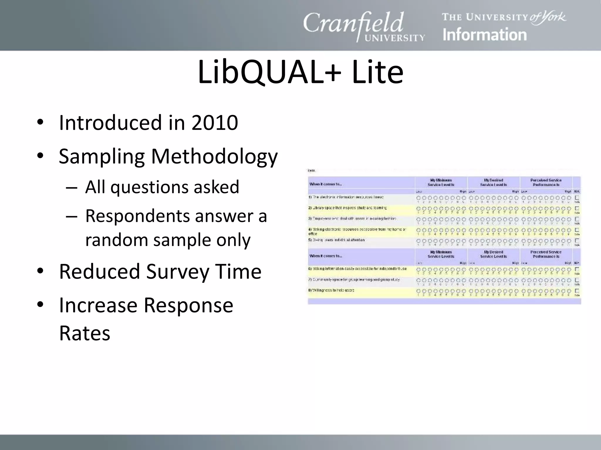 LibQUAL+ Lite
• Introduced in 2010
• Sampling Methodology
  – All questions asked
  – Respondents answer a
    random sample only
• Reduced Survey Time
• Increase Response
  Rates
 