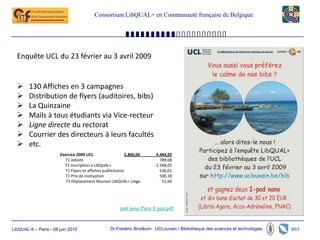 Consortium LibQUAL+ en Communauté française de Belgique




  Enquête UCL du 23 février au 3 avril 2009


       130 Affiches en 3 campagnes
       Distribution de flyers (auditoires, bibs)
       La Quinzaine
       Mails à tous étudiants via Vice-recteur
       Ligne directe du rectorat
       Courrier des directeurs à leurs facultés
       etc.
                        Exercice 2009 UCL                     5.800,00    4.444,92
                           T1 Jobiste                                       789,08
                          T1 Inscription à LibQUAL+                       2.568,05
                           T1 Flyers et affiches publicitaires              536,01
                           T1 Prix de motivation                            500,18
                           T3 Déplacement Réunion LibQUAL+ Liège             51,60




                                                          pub pour Paris 8 juin.pdf


LibQUAL-fr – Paris - 08 juin 2010                   Dr Frédéric Brodkom UCLouvain / Bibliothèque des sciences et technologies
 