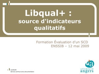 Libqual+ :
               source d'indicateurs
                    qualitatifs

                                         Formation Évaluation d'un SCD
                                                 ENSSIB – 12 mai 2009




1   12/05/09
    Service commun de la documentation
 