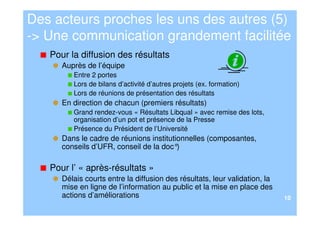 Des acteurs proches les uns des autres (5)
-> Une communication grandement facilitée
   Pour la diffusion des résultats
      Auprès de l’équipe
         Entre 2 portes
         Lors de bilans d’activité d’autres projets (ex. formation)
         Lors de réunions de présentation des résultats
      En direction de chacun (premiers résultats)
         Grand rendez-vous « Résultats Libqual » avec remise des lots,
         organisation d’un pot et présence de la Presse
         Présence du Président de l’Université
      Dans le cadre de réunions institutionnelles (composantes,
      conseils d’UFR, conseil de la doc° )

   Pour l’ « après-résultats »
      Délais courts entre la diffusion des résultats, leur validation, la
      mise en ligne de l’information au public et la mise en place des
      actions d’améliorations                                               10
 
