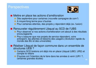 Perspectives

   Mettre en place les actions d’amélioration
     Dès septembre pour certaines (nouvelle campagne de com°      )
     A moyen/long terme pour d’autres
     Pour certaines attentes, des projets y répondent déjà (ex. fusion)

   Renouveler régulièrement Libqual au SCD de l’UBS
     Pour observer si nos actions d’amélioration ont abouti à des résultats
     encourageants
     Pour s’assurer que nos projets de service répondent, voire
     anticipent, les attentes et besoins des usagers (/évolution rapide du
     monde des BU et des universités)

   Réaliser Libqual de façon commune dans un ensemble de
   structures UEB ?
     Certains SCD bretons ont déjà mis en place Libqual (UBO, UR2) et
     compte le refaire
     D’autres ont l’intention de le faire dans les années à venir (UR1 ?,
     certaines grandes écoles)                                            14
 