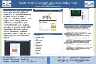 Outside The Box: An Information Literacy Course Web2.0 Project
Ru Story Huffman
Georgia Southwestern State University
Ru Story Huffman
Dean of Library Services
James E. Carter Library
1.
2.
3.
4.
5.
6.
7.
8.
9.
10.
Credit: 1 Hour
Core: Area B
Began: Spring 2009
Format: F2F & Online
As an alternative to “traditional”
research or annotated bibliography
projects, students enrolled in
LIBR1101 complete a Web2.0 Final
Project. Encouraging creativity,
innovation, and utilization of a
variety of Web2.0 tools, students
are asked to show how information
impacts their lives as a college
student. Additionally, students
complete a reflection piece on the
creation process and information
impact.
Web2.0 Project
• Tumblr
• Stumble Upon
• Wiki
• Photo Story
• Stupeflix
• Prezi
• LiveBinder
• YouTube
• Pinterest
• Glogster
• Issuu
• Scoop.It
Students will be able to understand the theory and concepts of
Information Literacy and the information seeking process by:
-Choosing, defining and limiting a research problem
-Identifying appropriate types of resources to answer the
information need
-Locate print, electronic, and multimedia resources
Students will practice ethical use of information and to evaluate
information and its sources critically by:
-Articulating and applying criteria for evaluating both the
information and its source
-Evaluating the usefulness of retrieved information to the
research problem
-Understanding the definition and various forms of plagiarism
and its impact on academic success and future goals
Students will work toward proficiency in the Framework for
Information Literacy:
-Understanding theory and practical application of Information
Literacy
-Developing skills in identifying and defining information needs
-Developing skills for advanced research using print and
electronic information sources
Student Learning Outcomes
.
REPLACE THIS BOX WIT
YOUR ORGANIZATION’S
HIGH RESOLUTION LOGO
REPLACE THIS BOX WITH
YOUR ORGANIZATION’S
HIGH RESOLUTION LOGO
University Area B Assessment Results:
93% / Use Information Effectively
87% / Evaluate Information Critically
Target: 85%
Georgia Southwestern State University
Americus, GA
ru.story-huffman@gsw.edu
Web2.0 Applications
 