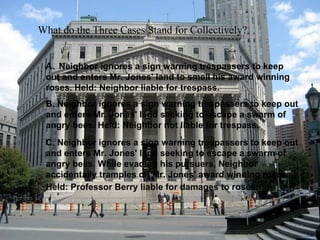 What do the Three Cases Stand for Collectively? A.  Neighbor ignores a sign warning trespassers to keep out and enters Mr. Jones' land to smell his award winning roses. Held: Neighbor liable for trespass.   B. Neighbor ignores a sign warning trespassers to keep out and enters Mr. Jones' land seeking to escape a swarm of angry bees. Held: Neighbor not liable for trespass.   C. Neighbor ignores a sign warning trespassers to keep out and enters Mr. Jones' land seeking to escape a swarm of angry bees. While evading his pursuers, Neighbor accidentally tramples on Mr. Jones' award winning roses. Held: Professor Berry liable for damages to roses.   