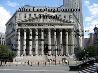 After Locating Common Threads Tie the common threads together The synthesized rule should reflect the different cases, definitions, limitations and exceptions, in a coherent statement Organize your analysis around the common threads, not the individual cases Apply synthesized rule to facts on hand 