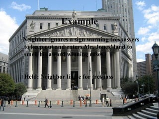 Neighbor ignores a sign warning trespassers to keep out and enters Mr. Jones' land to smell his award winning roses.  Held: Neighbor liable for trespass Example 