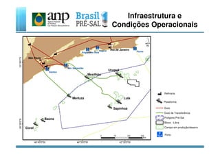 Infraestrutura e
Condições Operacionais
Mexilhão
Uruguá
São Paulo
Rio de Janeiro
Sapinhoá
Coral
Baúna
Merluza Lula
Plataforma
Duto de Transferência
Polígono Pré-Sal
Bloco - Libra
Campo em produção/desenv.
Porto
Duto
|
D Refinaria
 