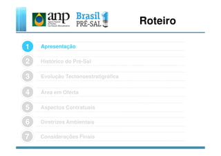 Apresentação1
Evolução Tectonoestratigráfica3
Histórico do Pré-Sal2
Roteiro
Considerações Finais7
Área em Oferta4
Aspectos Contratuais5
Diretrizes Ambientais6
Evolução Tectonoestratigráfica3
 