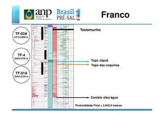 Franco
Testemunho
TF-03A
5415-5498 m
Base do Sal
TF-4
5645-5725 m
TF-01A
5645-5725 m
Base do SalTopo Jiquiá
Topo das coquinas
Contato óleo/água
5645-5725 m
Profundidade Final = 5.942,0 metros
 
